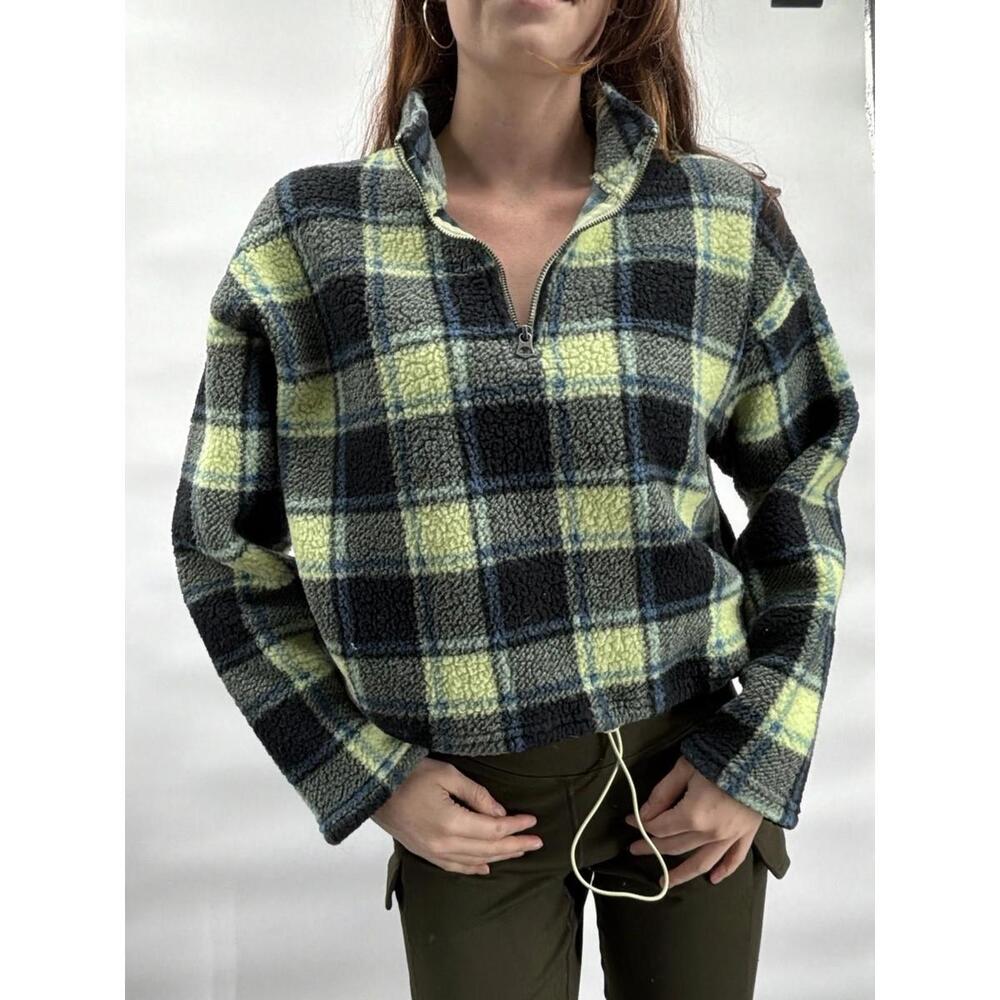 American Eagle Green Blue Plaid Cropped Fleece Quarter Zip Pullover Women’s M